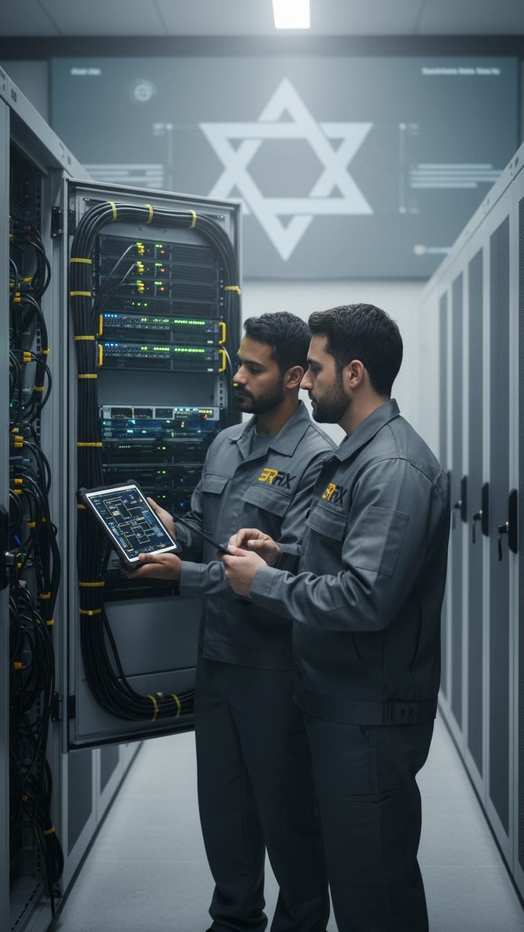 Técnicos da BR FIX uniformizados trabalhando em racks de rede e servidores