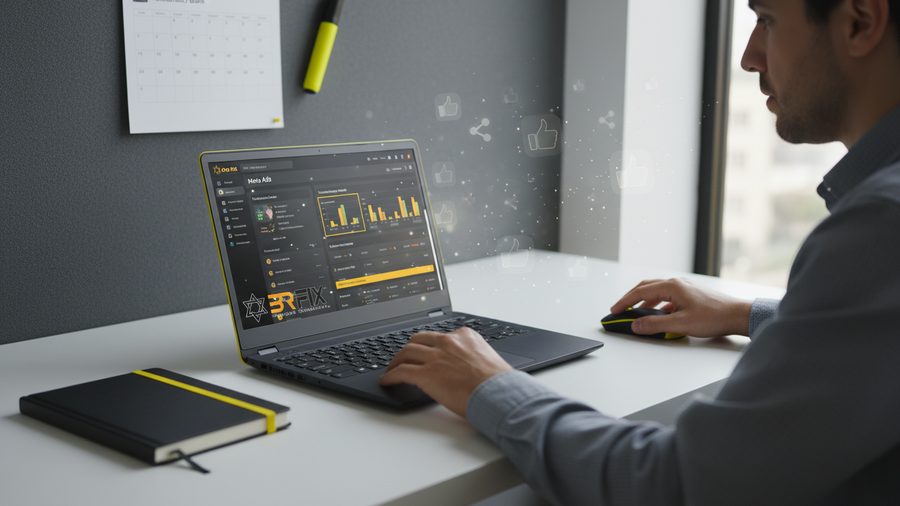 Notebook com painel de resultados de redes sociais