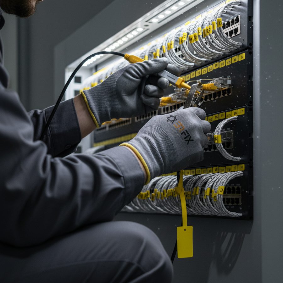 Técnico conectando cabos em um patch panel
